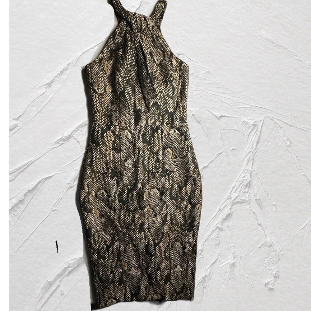 H&M Snake Print Halter Bodycon Dress Gold Black Metallic mini